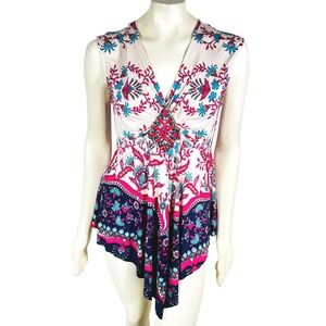 Venus Boho Beaded Floral Blouse Sleeveless Flowy L Y2K Glam Festival‎ Artistic